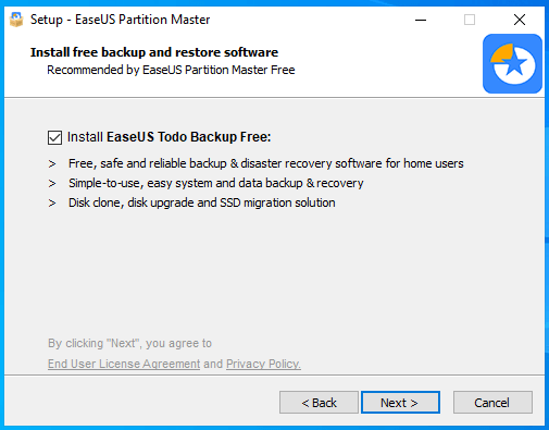 Bỏ dấu tick ở ô “Install EaseUS Todo Backup Free”