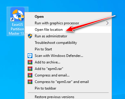 Ra màn hình chính, tại biểu tượng phần mềm lựa chọn Open File Location ở phần cài đặt. 