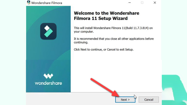tại cửa sổ Welcome to the Wondershare Filmora Setup vừa hiện lên, bạn nhấn Next để tiếp tục.