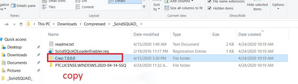 Copy folders "Creo 7.0.0.0" trong folders SolidSQUAD