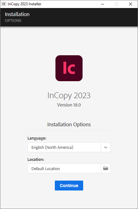 chọn Continue để cài đặt Adobe InCopy 2023 full crack