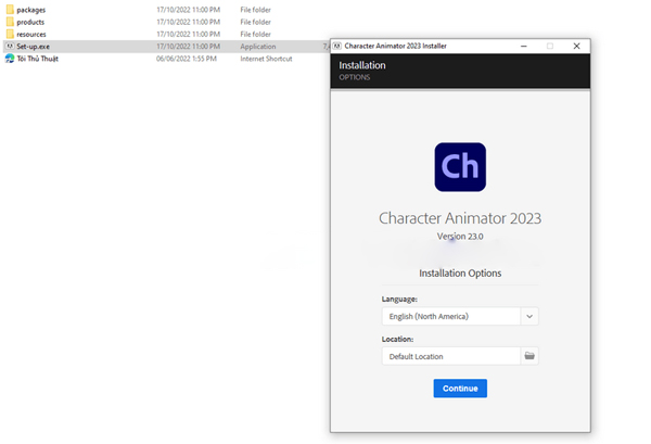 chạy file Setup để cài đặt Character Animator 2023 full crack