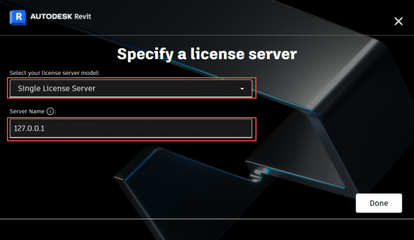 Chọn "Single License Server", đặt server name: 127.0.0.1