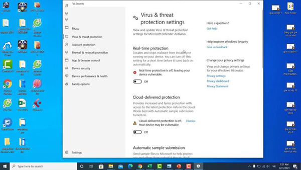 Bạn hãy vào Windows Security -> bấm chọn Virus & protection -> bấm tiếp Manage settings -> chọn tiếp vào real – time protection nếu máy bạn đang ở chế độ On nhé.