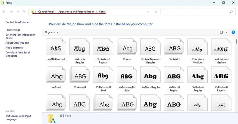 Paste toàn bộ font TTF vào Appearance and Personalization 